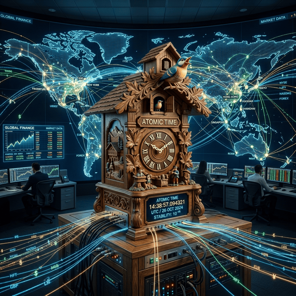 Atomic clock in a global finance control room with world market map