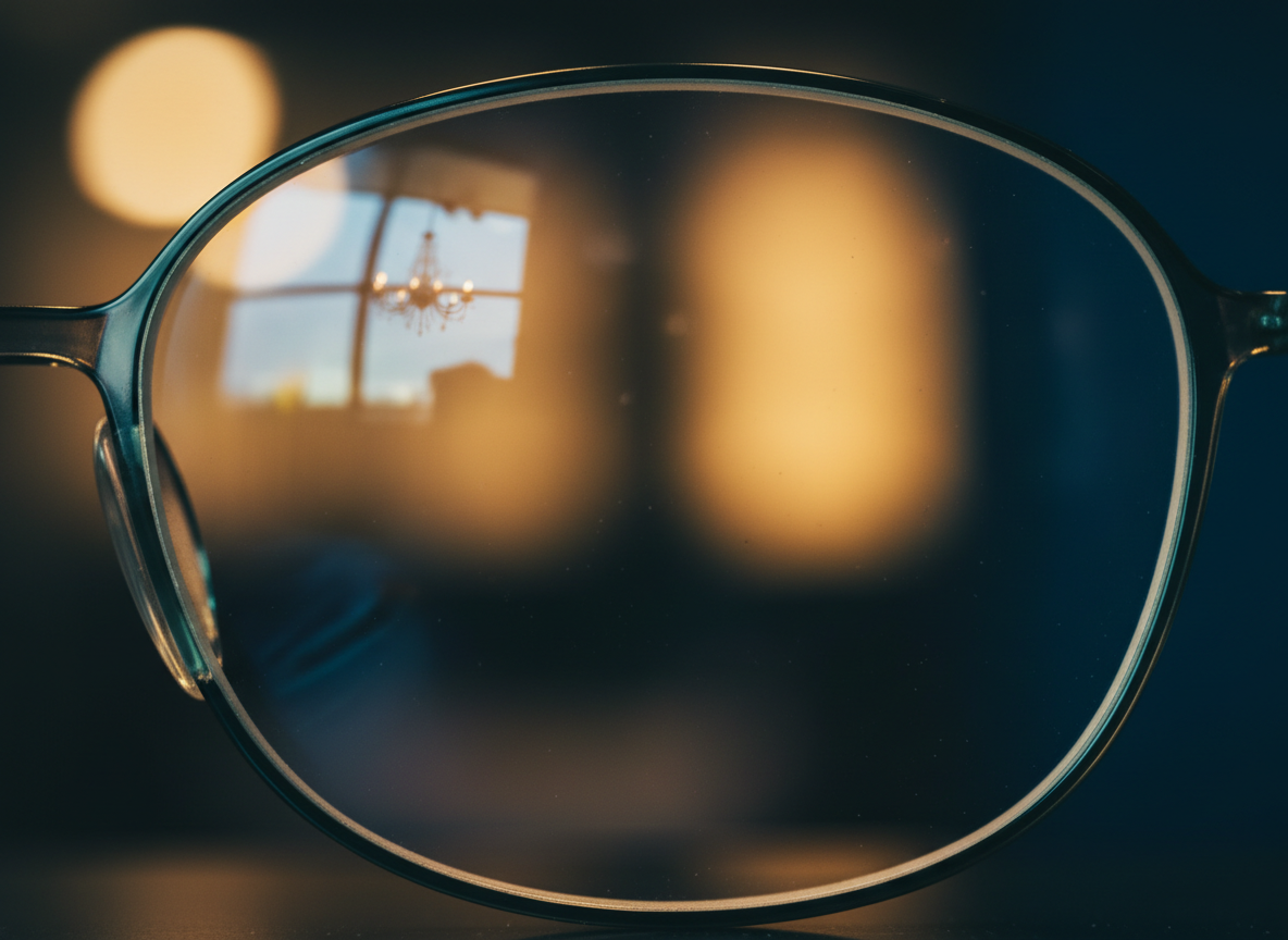Close-up macro photograph of a large optical lens from an eyewear shop, the lens fills most of the frame, beautiful soft bokeh blur in the background, subtle light refractions and glass reflections, elegant dark background, cinematic and photorealistic, high contrast, fine detail on the lens edges