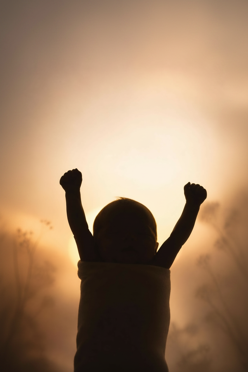A newborn baby girl silhouette with arms raised high, soft blurred background with warm light, minimal and poetic mood